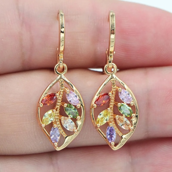 Jewelry - 18K Gold Filled Multicolor Gemstone Leaf Leverback Earrings